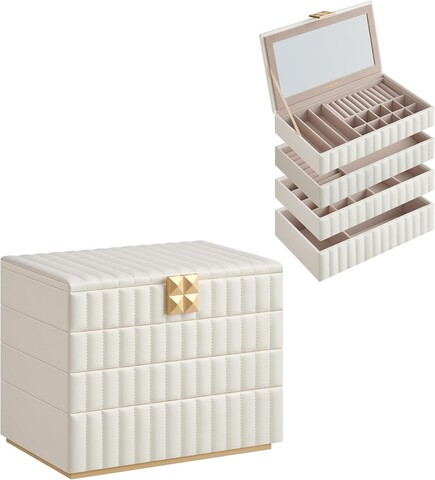 Cutie pentru bijuterii cu 4 etaje si oglinda Anah, Songmics, 17x28x20.5 cm, piele ecologica/MDF, alb