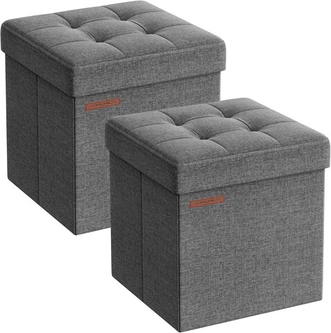 Set 2 taburete cu spatiu depozitare Ottoman, Songmics, 30x30x30 cm, max 130 kg, MDF/textil, gri