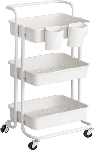 Carucior cu 3 rafturi bucatarie/baie, Songmics, 41.6x33.5x86.3 cm, max 10kg/nivel, otel/plastic, alb