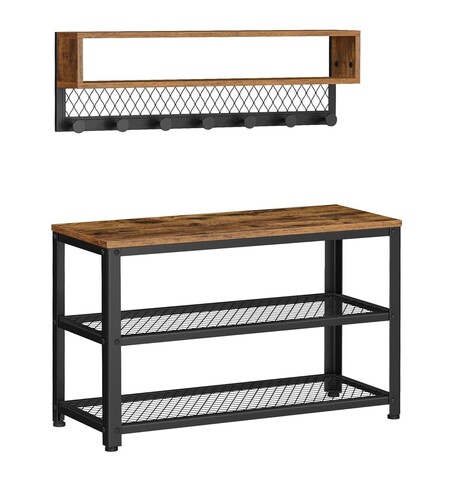 Set bancheta cu pantofar si cuier de perete, Vasagle, 73x30x45 cm/75.1x12.5x22 cm, PAL/otel, maro rustic