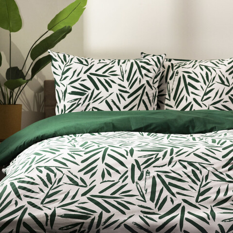 Lenjerie de pat dubla B2 Foglie Essentials, Homla, 160x200 cm, 3 piese, bumbac, verde/alb
