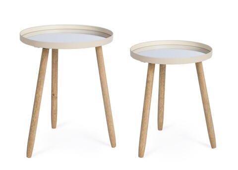 Set 2 masute de cafea Edvard, Bizzotto, 35.5x44 cm/40x51 cm, lemn de cauciuc/otel, blat din oglinda, ivoriu