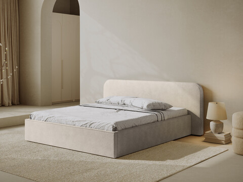 Pat tapitat cu somiera rabatabila si lada depozitare, 200x200 cm, Micadoni Home, Elizabeth-68, tesatura structurata chenille, bej