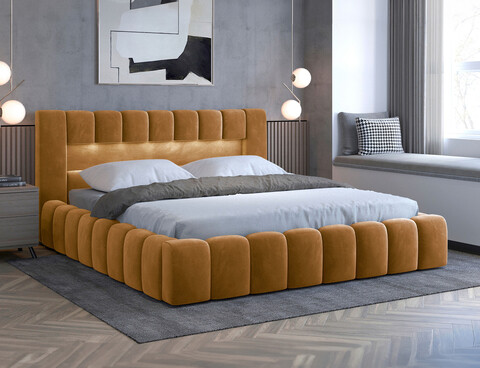 Pat tapitat cu somiera rabatabila si lada depozitare, 160x200 cm, ELTAP, Lamica, metal/poliester, mustar