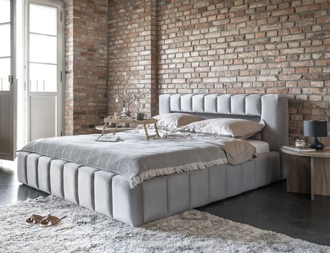 Pat tapitat cu somiera rabatabila si lada depozitare, 180x200 cm, ELTAP, Lamica, metal/poliester, gri deschis