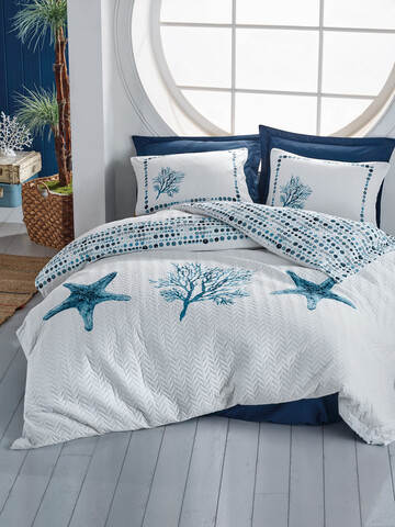 Set cuvertura matlasata Single, Star - Dark Blue, Cotton Box, Bumbac Ranforce