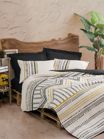 Lenjerie de pat dubla 4 anotimpuri, L'essentiel Maison, Elvira, Bumbac Ranforce, Negru / Alb / Auriu