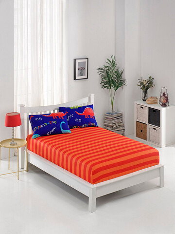 Set de pat pentru o persoana (cearceaf cu elastic si perna) 2 piese, L'essentiel Maison, Dinazorus, 65% bumbac/35% poliester, Blue / Red / Orange / Blue