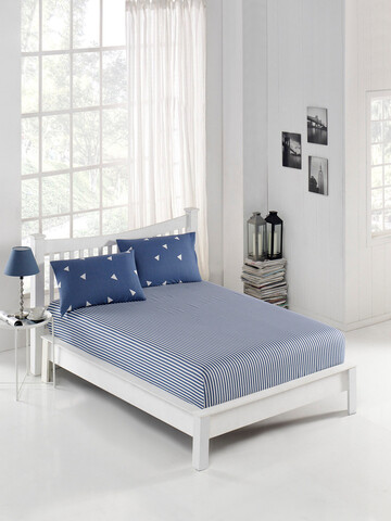 Set de pat dublu (cearceaf cu elastic si perne) 3 piese, L'essentiel Maison, Üçgen, 65% bumbac/35% poliester, Albastru/Alb