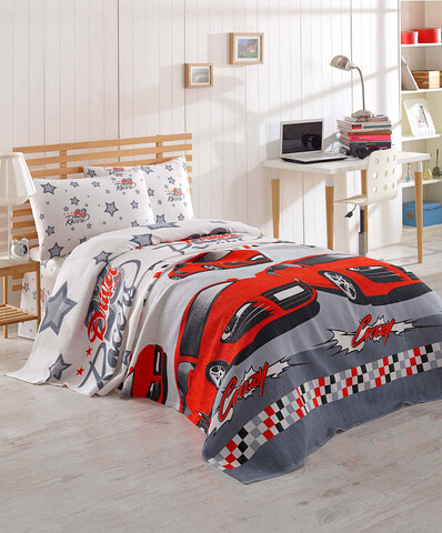 Set cuvertura pique Single, L'essentiel Maison, Crazy, Bumbac, Roșu / Gri / Alb