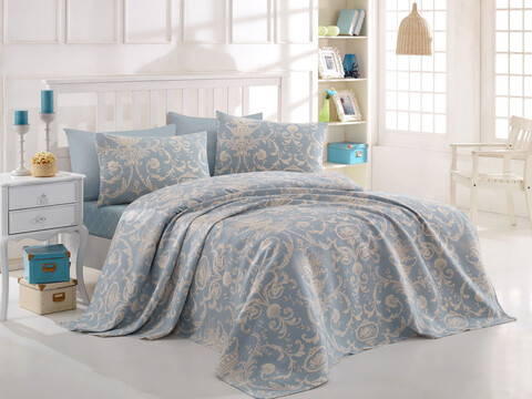 Set cuvertura pique dubla 3 piese, L'essentiel Maison, Tuval, Bumbac, Albastru/Alb