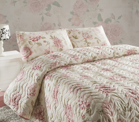 Set cuvertura matlasata Single 160x220 cm, 2 piese, L'essentiel Maison, Care, Bumbac;Poliester , Roz / Ecru / Bej
