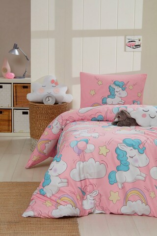 Lenjerie de pat pentru o persoana, L'essentiel Maison, Unicornio, 65% bumbac/35% poliester, Roz