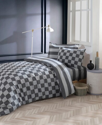 Lenjerie de pat pentru o persoana, Kareli Saten - Black, EnLora Home, Bumbac;Poliester