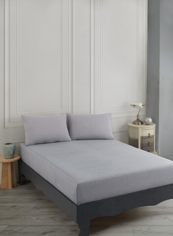 Set de pat dublu (cearceaf cu elastic si perne) 3 piese, Road Potlu - Light Grey, EnLora Home, Bumbac;Poliester