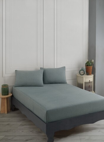 Set de pat dublu (cearceaf cu elastic si perne) 3 piese, Road Potlu - Green, EnLora Home, Bumbac;Poliester