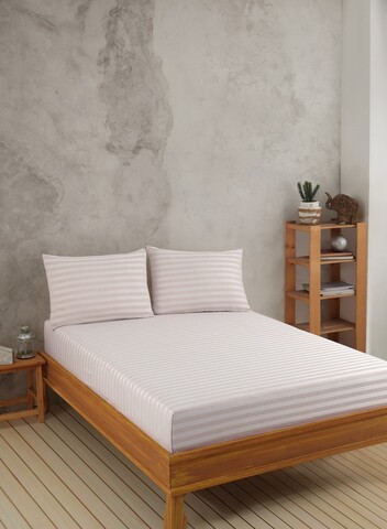 Set de pat dublu (cearceaf cu elastic si perne) 3 piese, Water Yollu Saten - Beige, EnLora Home, Bumbac;Poliester