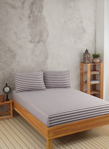 Set de pat dublu (cearceaf cu elastic si perne) 3 piese, Water Yollu Saten - Brown, EnLora Home, Bumbac;Poliester