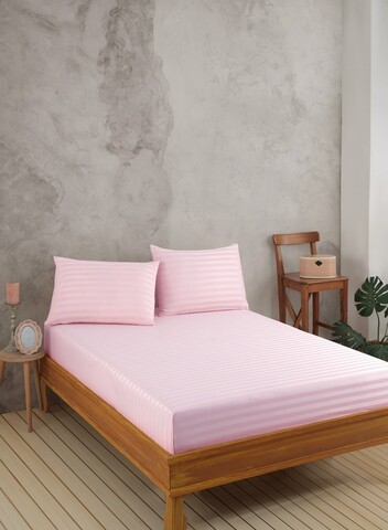 Set de pat dublu (cearceaf cu elastic si perne) 3 piese, L'essentiel Maison, Water Yollu Saten, Bumbac;Poliester, Roz pudra