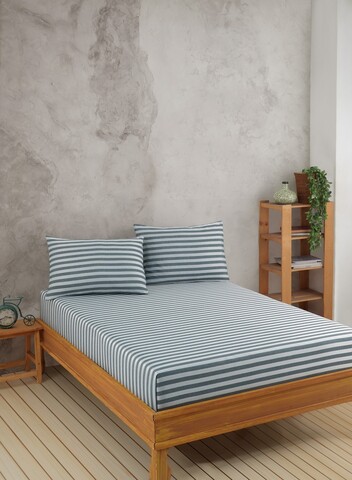 Set de pat dublu (cearceaf cu elastic si perne) 3 piese, Water Yollu Saten - Green, EnLora Home, Bumbac;Poliester