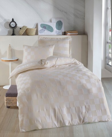 Lenjerie de pat pentru o persoana 2 piese, Kareli Saten - Beige, EnLora Home, Bumbac;Poliester