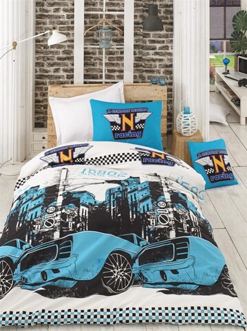 Lenjerie de pat pentru o persoana, L'essentiel Maison, Bolide, Turcoaz / Alb / Negru