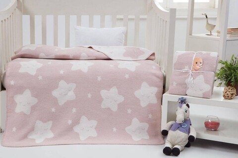 Patura bebelusi, Star - Light Pink, Dolce Bonita Home, 75% BUMBAC/15% ACRIL/10% POLIESTER