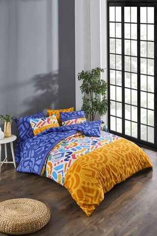 Lenjerie de pat dubla, Doodle Fitted - Multicolor, Tabu Home, 65% bumbac/35% poliester