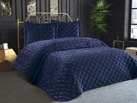 Set cuvertura de pat dubla 3 piese, L'essentiel Maison, Lima, Albastru inchis