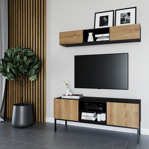 Comoda TV ELTAP, Lanzzi, 120x40x50 cm, MDF laminat, negru/stejar