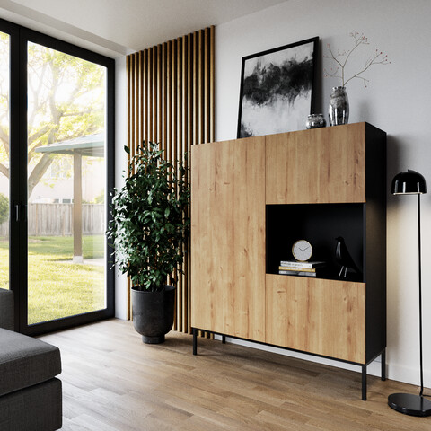 Dulap multifunctional ELTAP, Lanzzi, 120x40x150 cm, MDF laminat, negru/stejar