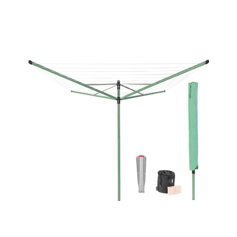 Uscator de rufe rotativ cu 4 brate + cu suport fixare pamant + husa + set carlige rufe, Brabantia, Lift-O-Matic, 50 m capacitate de uscare, otel, verde