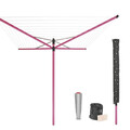 Uscator de rufe rotativ cu 4 brate + cu suport fixare pamant + husa + set carlige rufe, Brabantia, Lift-O-Matic, 50 m capacitate de uscare, otel, roz