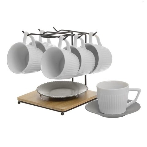 Set 6 cani cu farfurioara si suport Coffee, InArt, 100 ml, portelan, alb/gri