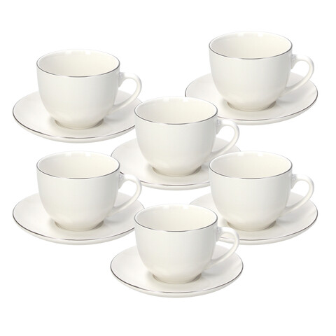 Set 6 cesti de ceai cu farfurie Madison Fascetta Platino, Tognana, 260 ml, portelan, alb