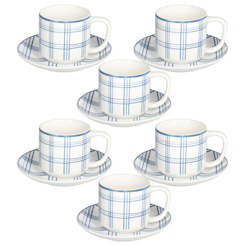 Set 6 cesti de ceai cu farfurie Ivy Quadro Carta Da Zucchero, Tognana, 220 ml, New Bone China, alb/albastru