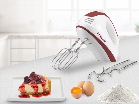 Mixer de mana Beper, 300W, 5 viteze+Turbo, 19.9x9x13.8 cm, ABS/otel, alb/rosu