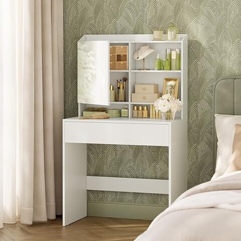 Masa de toaleta cu oglinda / masuta dressing, Vasagle, 70x40x136 cm, PAL/oglinda, alb