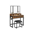 Masa de toaleta cu oglinda si taburet / masuta dressing, Vasagle Industrial, 90x40x141 cm, PAL/oglinda, maro