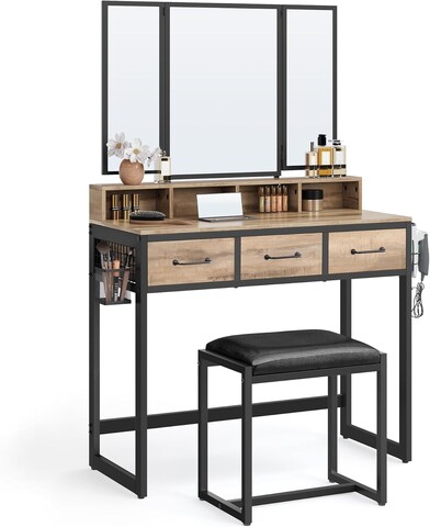 Masa de toaleta cu taburet / Masuta dressing, Vasagle, Industrial, 90x40x141 cm, PAL/otel/piele ecologica, natural