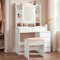 Masa de toaleta cu taburet si oglinda cu LED-uri / masuta dressing, Vasagle, 80s40s137.5 cm, MDF, alb