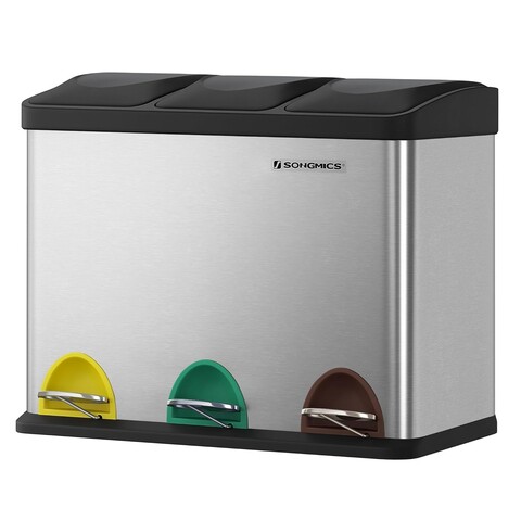 Cos de gunoi colectare selectiva 3 x 15 L, Songmics, 60.5x40.5x48.5 cm, inox, argintiu