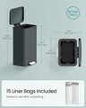 Cos de gunoi cu pedala 40 L, Songmics, inchidere soft close, include 15 saci de gunoi, 34.5x32x59.5 cm, otel, negru