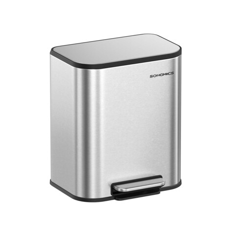 Cos de gunoi cu pedala 20 L, Songmics, inchidere soft close, 36.6x30x42.5 cm, inox, argintiu