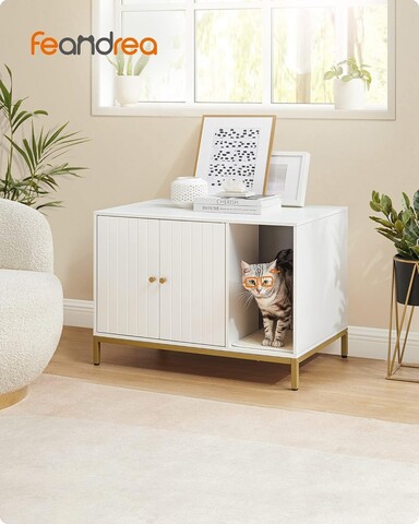 Dulap pentru litiera pisici / casa de toaleta pisici, Feandrea, 80x50x55 cm, PAL, alb/auriu