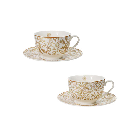 Set 2 cesti cu farfurie pentru ceai, Excalibur, Brandani, D15.5x7.5 cm, 170 ml, portelan New Bone China