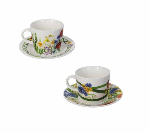 Set 2 cesti cu farfurie pentru cafea, Fiori Di Campo, Brandani, D11x6 cm, 50 ml, portelan New Bone China