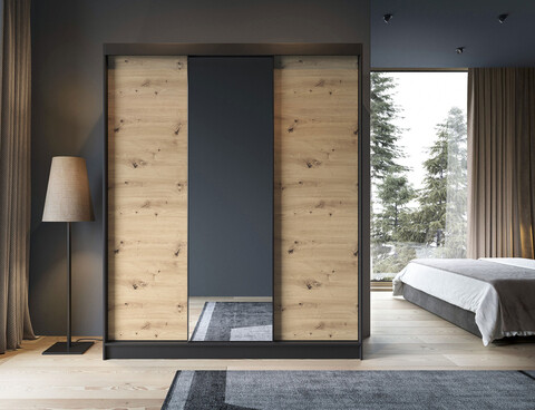 Dulap pentru haine cu oglinda ELTAP, Esville III, 180x60x220 cm, MDF/ABS, negru/stejar