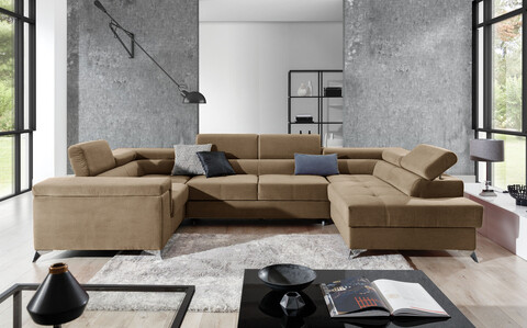 Coltar extensibil dreapta 6 locuri ELTAP, Th-12, Thiago, 342x208x88 cm, lemn/poliester, maro deschis