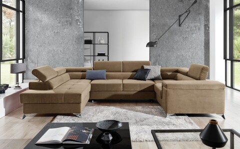 Coltar extensibil stanga 6 locuri ELTAP, Th-34, Thiago, 342x208x88 cm, lemn/poliester, maro deschis